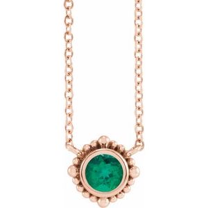 14K Rose Gold 3 mm Natural Emerald Beaded Bezel-Set 18" Necklace