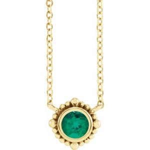 14K Yellow Gold 3 mm Natural Emerald Beaded Bezel-Set 18" Necklace