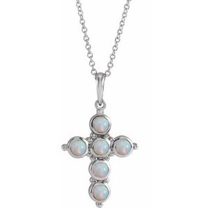 Platinum Natural White Ethiopian Opal Cross 16-18" Necklace