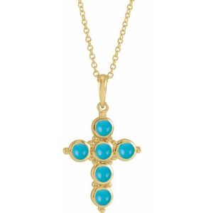 14K Yellow Gold Natural Turquoise Cross 16-18" Necklace