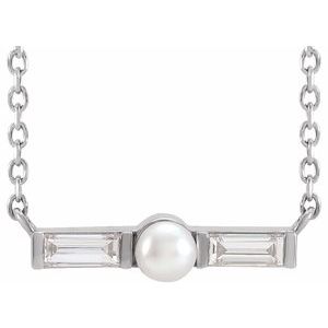 Sterling Silver Cultured White Seed Pearl & 1/6 CTW Natural Diamond Petite Bar Necklace Center