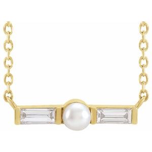 14K Yellow Gold Cultured White Seed Pearl & 1/6 CTW Natural Diamond Petite Bar 18" Necklace
