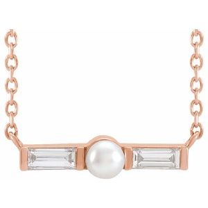 14K Rose Gold Cultured White Seed Pearl & 1/6 CTW Natural Diamond Petite Bar 18" Necklace