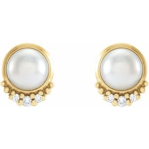 14K Yellow Gold Cultured White Akoya Pearl & .02 CTW Natural Diamond Earrings