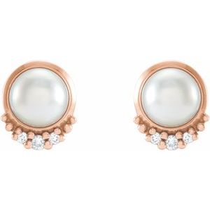 14K Rose Gold Cultured White Akoya Pearl & .02 CTW Natural Diamond Earrings