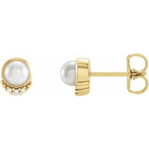 14K Yellow Gold Cultured White Akoya Pearl & .02 CTW Natural Diamond Earrings