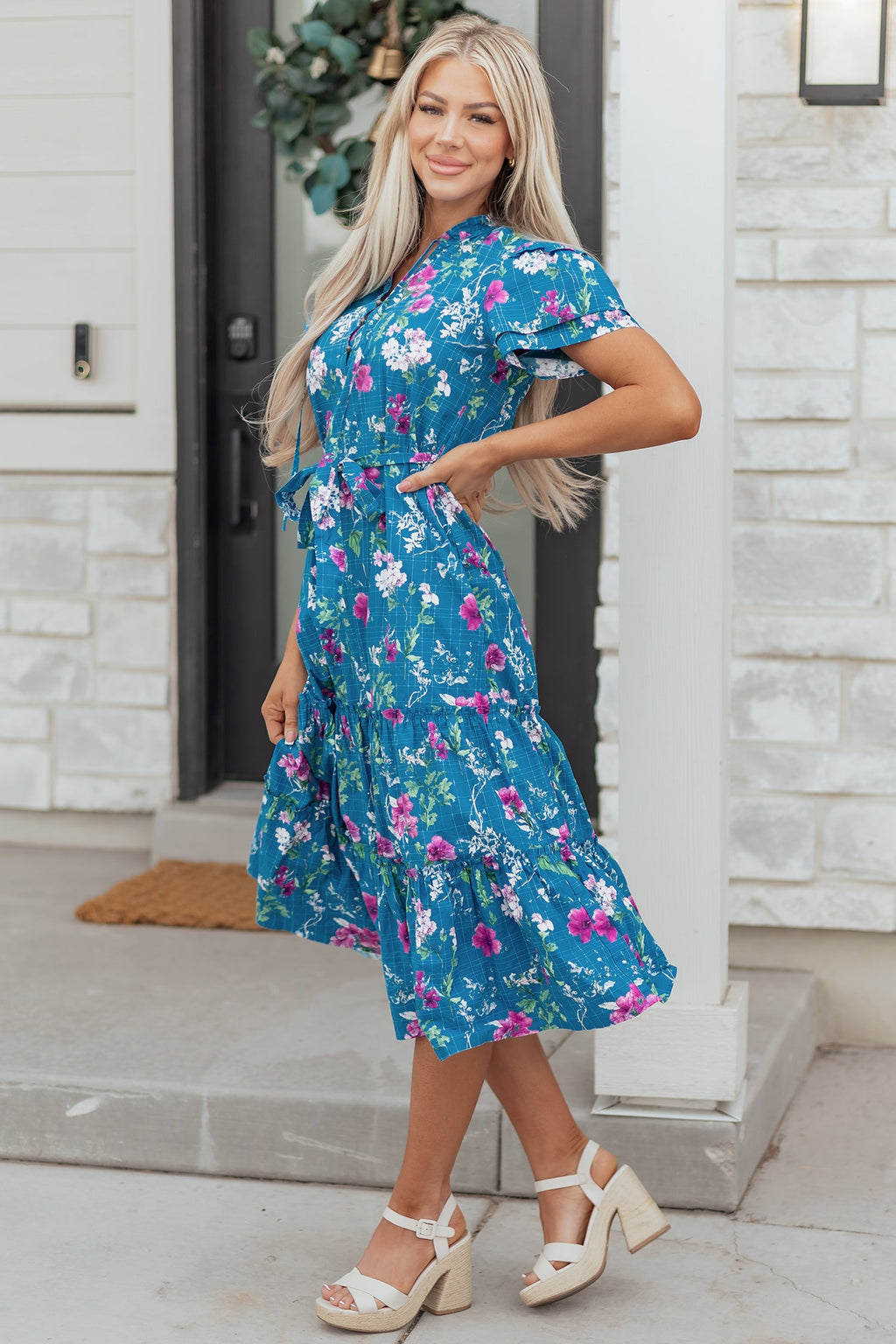 Floral Flutter Sleeve Tie Neck Belted Midi Dress