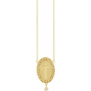 14K Yellow Gold .015 CT Natural Diamond Rosary Cross 18" Necklace
