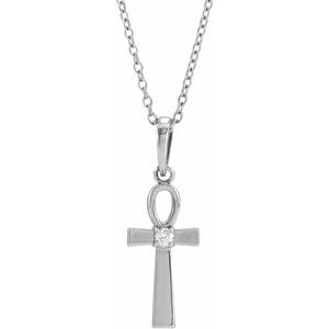 14K White Gold .03 CT Natural Diamond Ankh Cross 16-18" Necklace