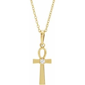 14K Yellow Gold .03 CT Natural Diamond Ankh Cross 16-18" Necklace
