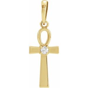 14K Yellow Gold .03 CT Natural Diamond Ankh Cross Pendant