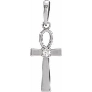14K White Gold .03 CT Natural Diamond Ankh Cross Pendant