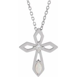 Platinum Natural White Opal & .05 CT Natural Diamond Cross 16-18" Necklace