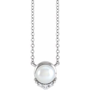 Platinum Cultured White Akoya Pearl & .025 CTW Natural Diamond 18" Necklace