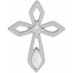 14K White Gold Natural White Opal & .05 CT Natural Diamond Cross Pendant