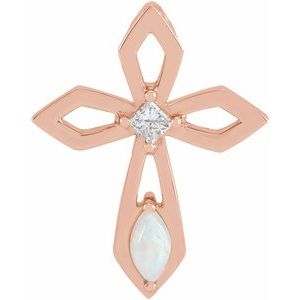 14K Rose Gold Natural White Opal & .05 CT Natural Diamond Cross Pendant