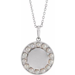 14K White Gold Cultured White Seed Pearl Engravable Halo-Style 16-18" Necklace