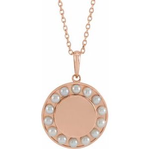 14K Rose Gold Cultured White Seed Pearl Engravable Halo-Style 16-18" Necklace
