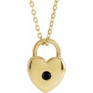 14K Yellow Gold Natural Black Spinel Heart Lock 18" Necklace