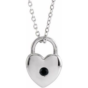 14K White Gold Natural Black Spinel Heart Lock 18" Necklace