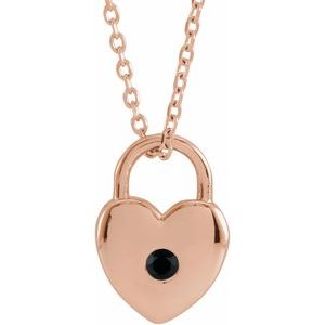 14K Rose Gold Natural Black Spinel Heart Lock 18" Necklace