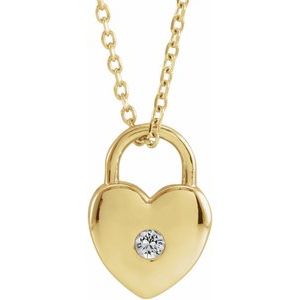 14K Yellow Gold Natural White Sapphire Heart Lock 18" Necklace