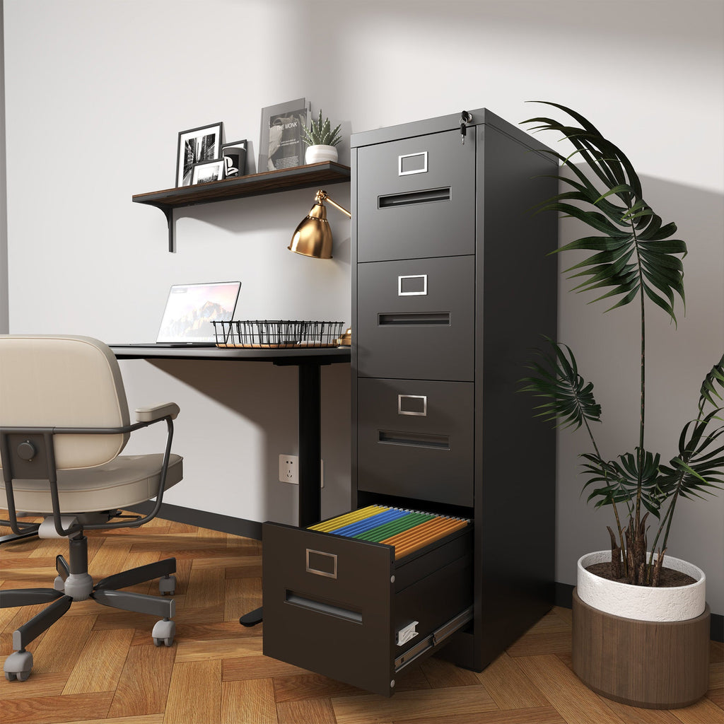 Modern Black 4 Drawer Metal Vertical Filing Cabinets with Lock for Home Office, Steel Construction, Letter/Legal/A4/F4 Size