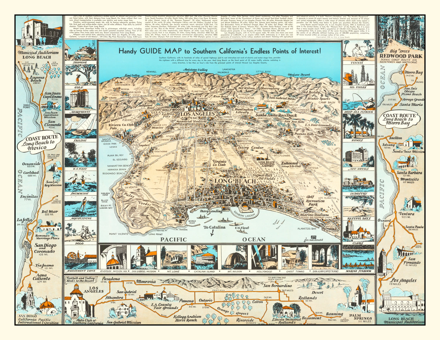 Vintage Map of Long Beach, California 1936