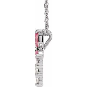 14K White Gold Natural Pink Tourmaline & 1/10 CTW Natural Diamond Cross 16-18" Necklace