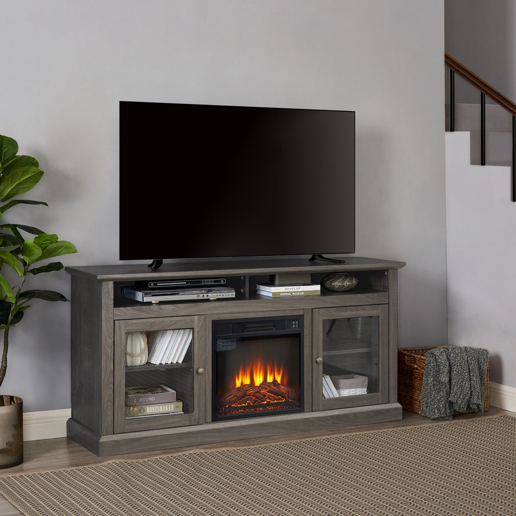 Retro TV Stand for 65'' TV, TV Console Cabinet with Storage, Open Shelves Entertainment Center with 18' Fireplace Insert  for Living Room Dark Walnut 60'W*15.75'D*29'H