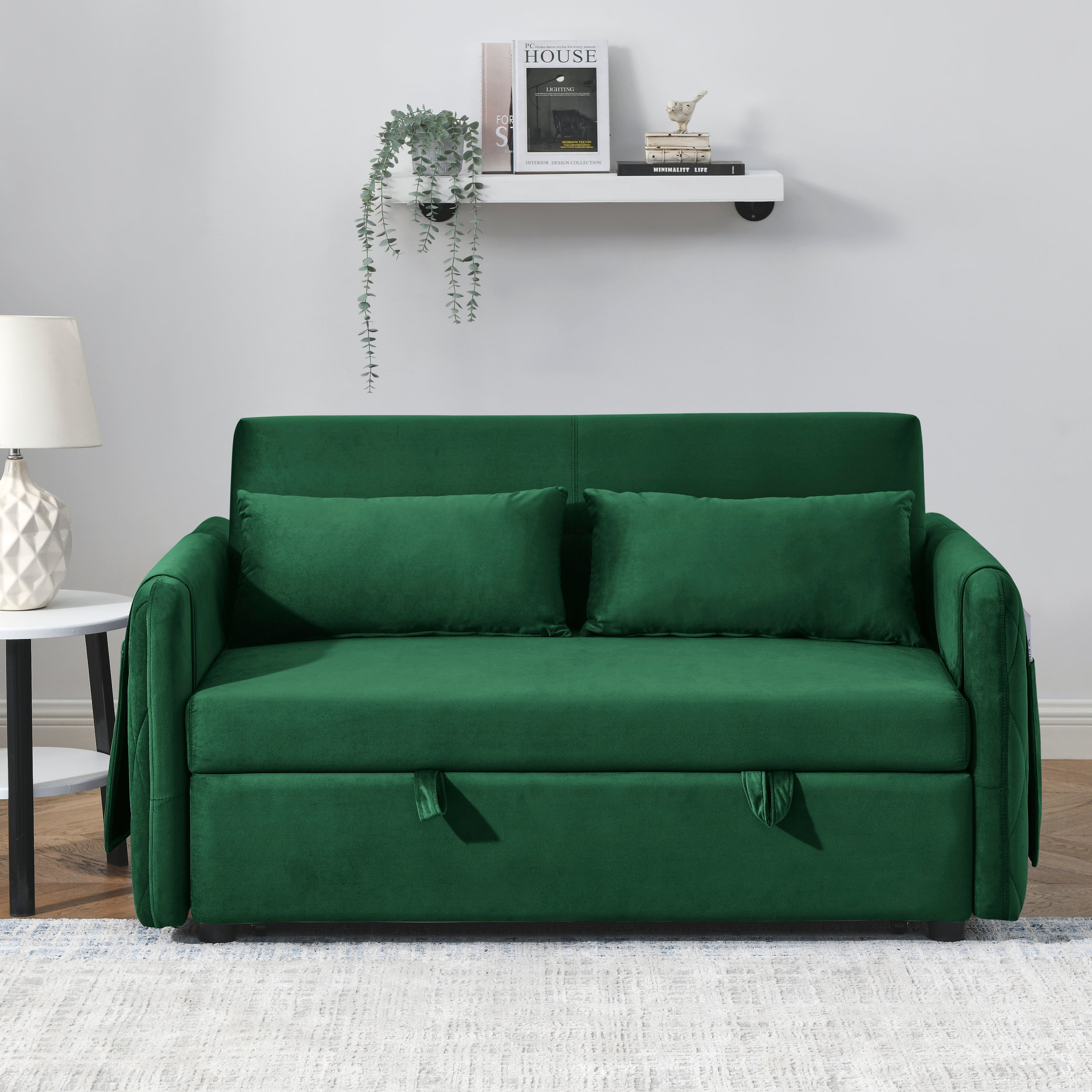 55' Modern Convertible Sofa Bed with 2 Detachable Arm Pockets, Velvet Loveseat Sofa with Pull Out Bed, 2 Pillows and Living Room Adjustable Backrest, Grid Design Armrests