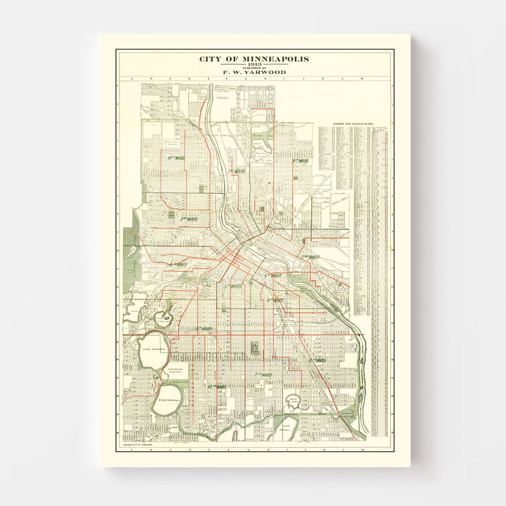 Vintage Map of Minneapolis, Minnesota 1913