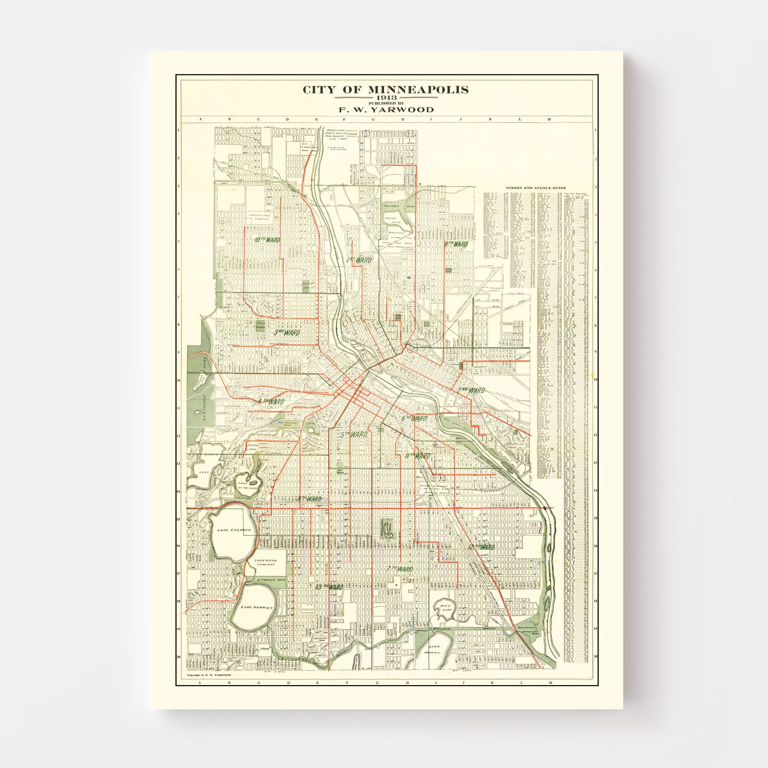 Vintage Map of Minneapolis, Minnesota 1913