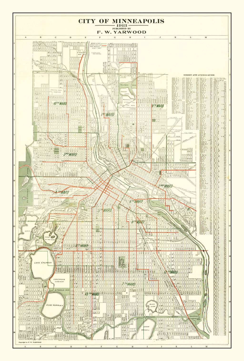 Vintage Map of Minneapolis, Minnesota 1913