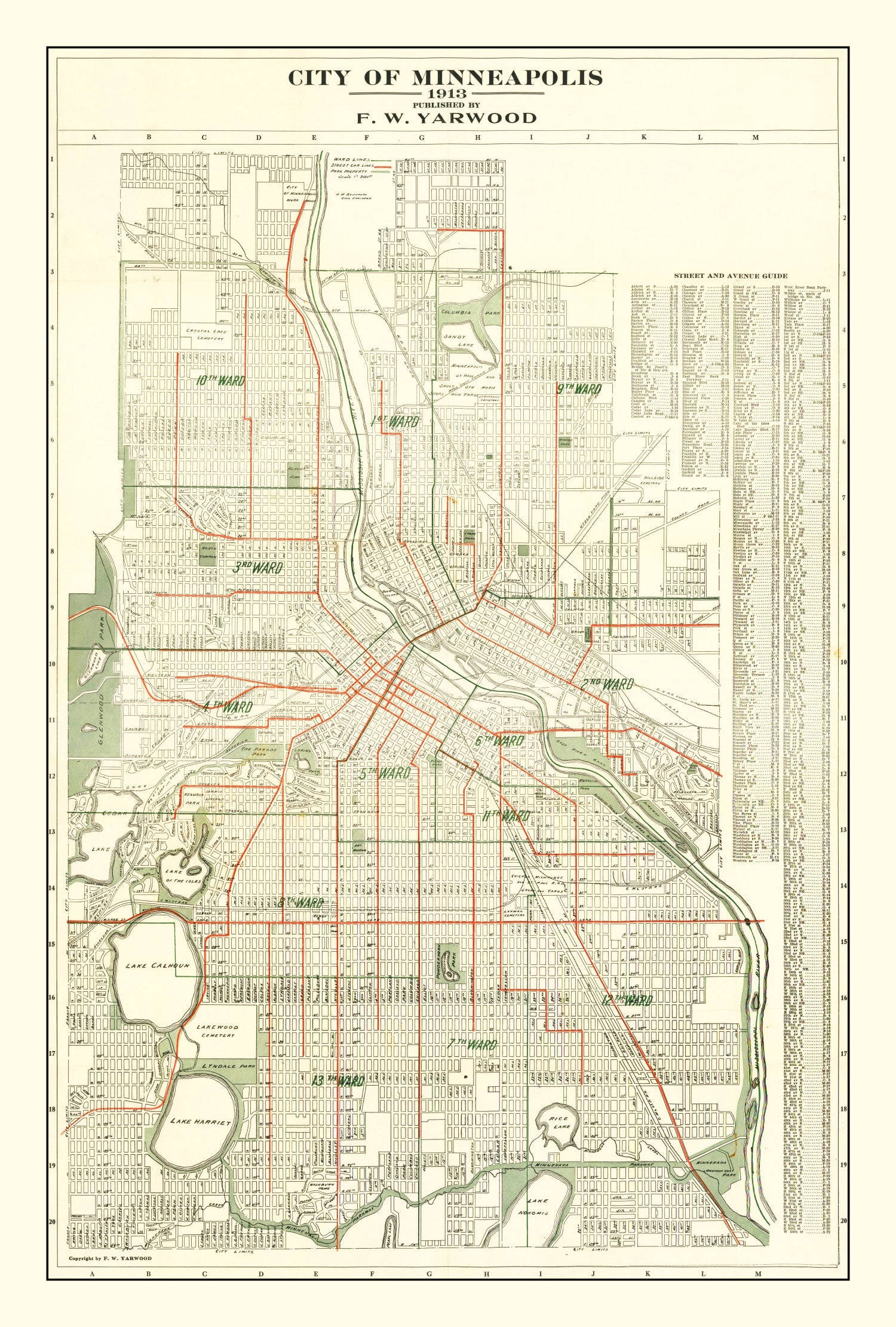 Vintage Map of Minneapolis, Minnesota 1913