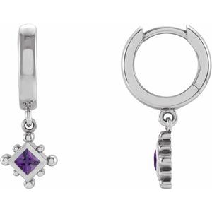 14K White Gold Natural Amethyst Beaded Bezel-Set Hoop Earrings
