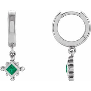 Platinum Lab-Grown Emerald Beaded Bezel-Set Hoop Earrings