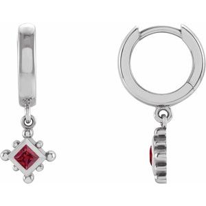 14K White Gold Natural Ruby Beaded Bezel-Set Hoop Earrings