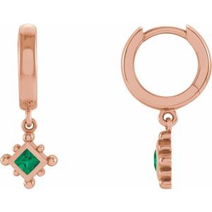 14K Rose Gold Natural Emerald Beaded Bezel-Set Hoop Earrings