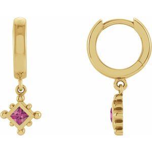 14K Yellow Gold Natural Pink Tourmaline Beaded Bezel-Set Hoop Earrings