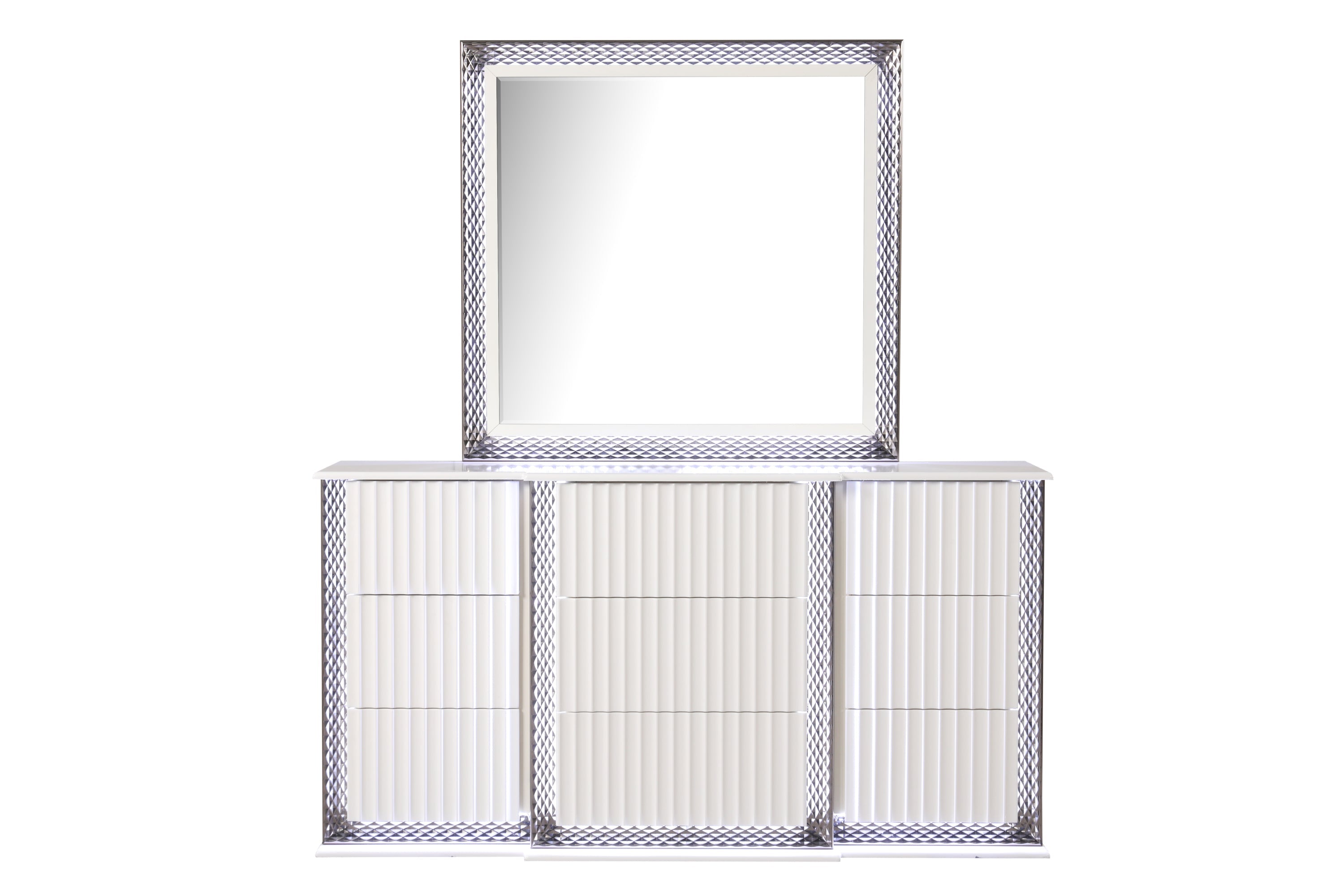 Fabio Contemporary Style Queen 5PC Bedroom set Made with Diamond-Shaped Side Accents, LED Lighting and Wood in White Finish (NJ INVENTORY)