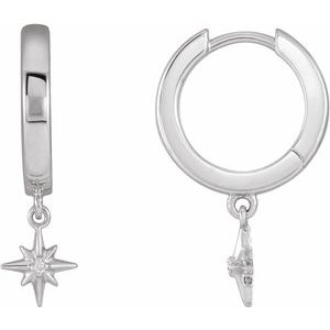 14K White Gold .0075 CTW Natural Diamond Star Hinged Hoop Earrings