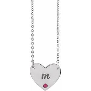 14K White Gold Natural Ruby Engravable Heart 18" Necklace