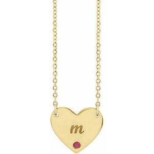 14K Yellow Gold Natural Ruby Engravable Heart 18" Necklace