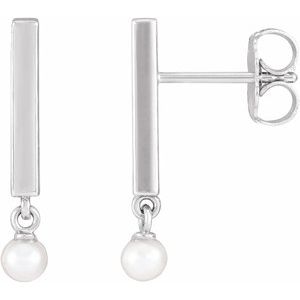 14K White Gold Cultured White Seed Pearl Bar Earrings