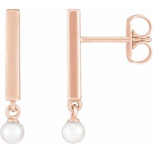14K Rose Gold Cultured White Seed Pearl Bar Earrings