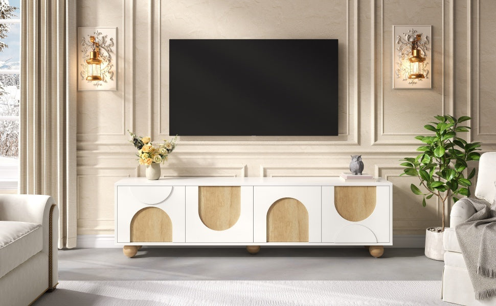 Farmhouse TV Stand with Cable Holes for TVs up to 75', Cream Style Media Console with Rebound Device, Elegant Entertainment Center with 5 Solid Wood Legs for Living Room, Bedroom, White, 69.6'W
