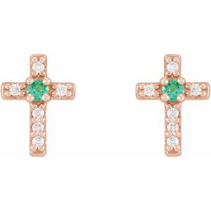 14K Rose Gold Lab-Grown Emerald & .03 CTW Natural Diamond Cross Earrings – image 2