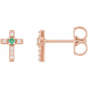 14K Rose Gold Natural Emerald & .03 CTW Natural Diamond Cross Earrings
