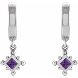 14K White Gold Natural Amethyst Beaded Bezel-Set Hoop Earrings – image 2